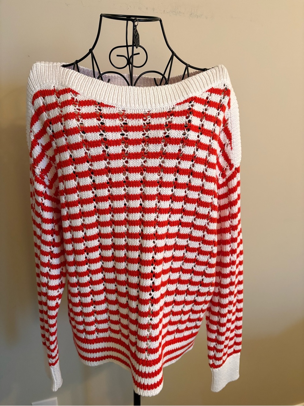 LOFT Red and White Off-the-Shoulder Striped Knit Sweater